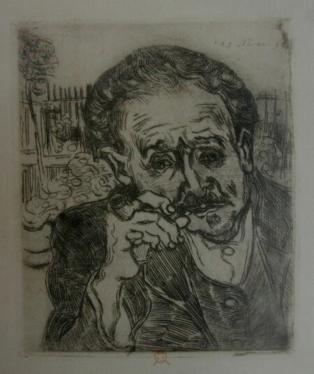 eau-forte de Van Gogh - Paul Gachet l'homme à la pipe fait en 1890 à Auvers sur Oise