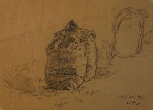 Jean-Baptiste MILLET - Esquisse de 3 sacs au bord d'un chemin au moment de la récolte des pommes de terre - dessin  à la mine de plomb
