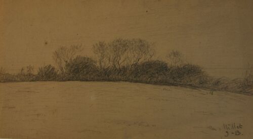 Jean-Baptiste MILLET - Esquisse de paysage avec une lissière d'arbres au bout d'un champ environs d'Auvers-sur-Oise - dessin  à la mine de plomb