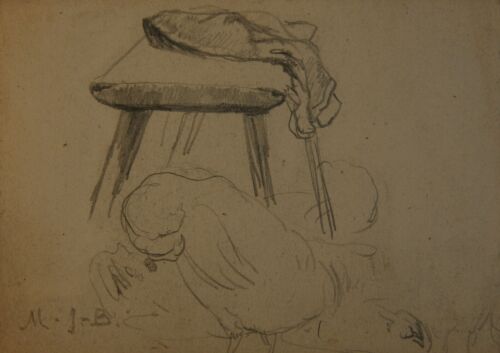 Jean-Baptiste MILLET - Esquisse d'un tabouret de traite pour les vaches et une oie au premier plan - dessin à la mine de plomb