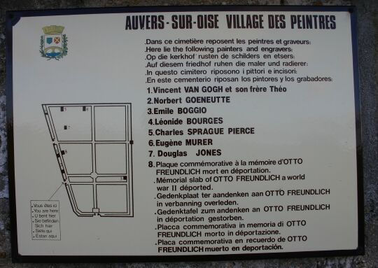 Plan d'accès au cimetière d'Auvers sur Oise des artistes peintres - Vincent et Théo Van Gogh, Norbert Goeneutte, Emile Boggio, Léonide Bourges, Charles Sprague Pierce, Eugène Murer, Dougles Jones.